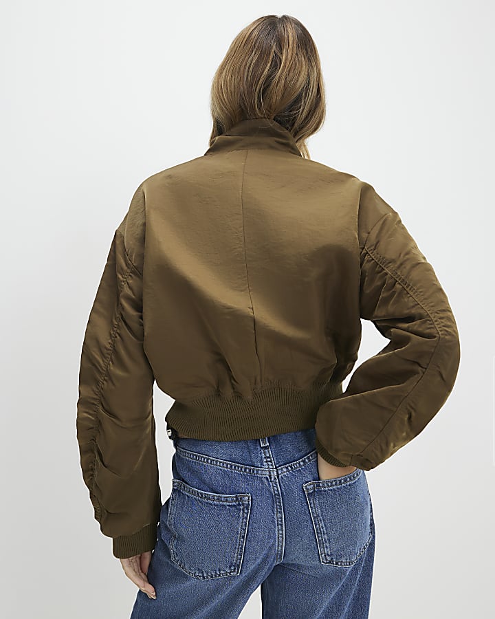 Khaki Funnel Neck Bomber Jacket