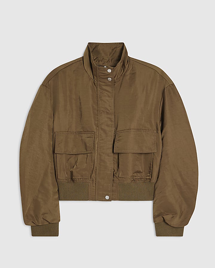 Khaki Funnel Neck Bomber Jacket