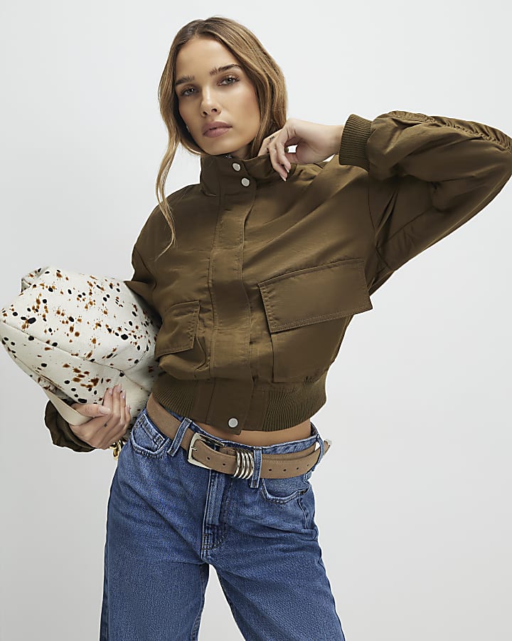 Khaki Funnel Neck Bomber Jacket