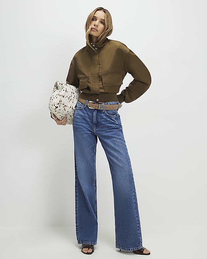 Khaki Funnel Neck Bomber Jacket