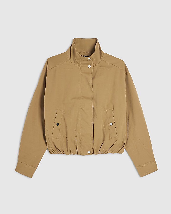 Beige Funnel Neck Bomber Jacket