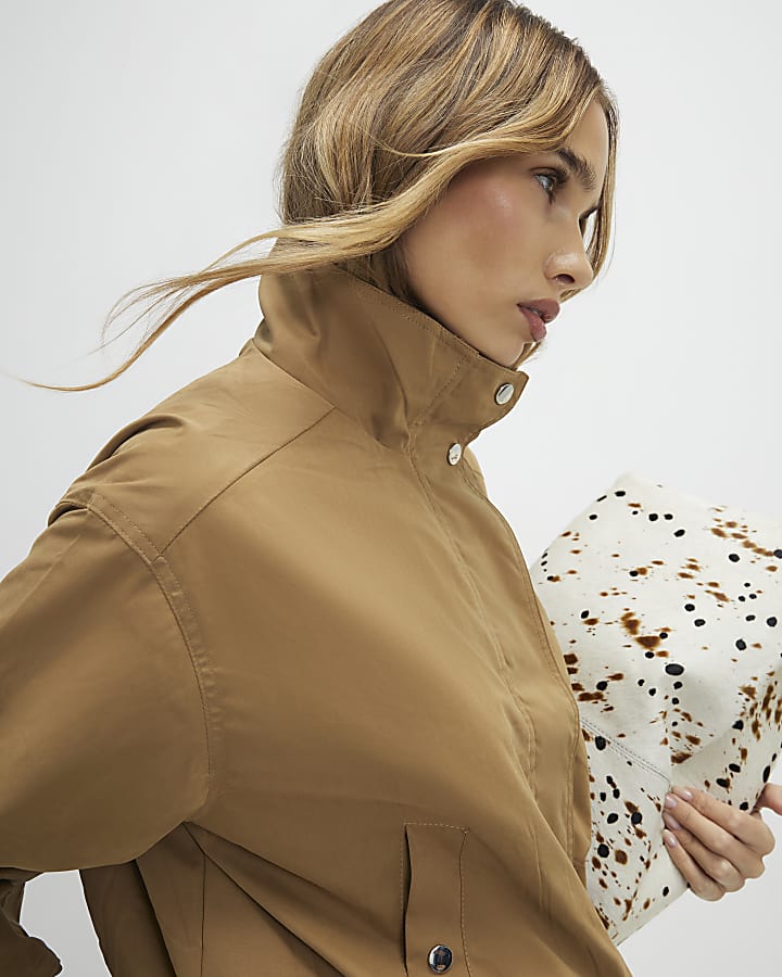 Beige Funnel Neck Bomber Jacket