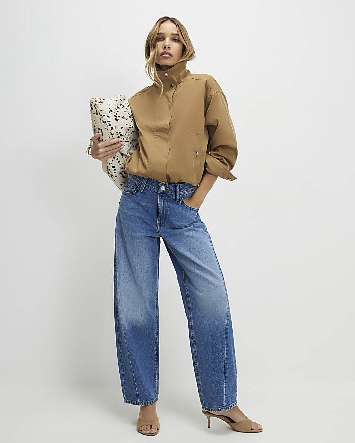 Beige Funnel Neck Bomber Jacket