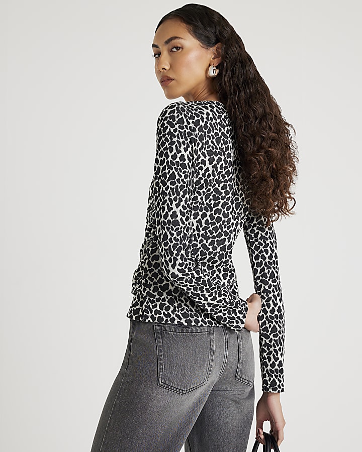 Black Leopard Print Drape Front Top