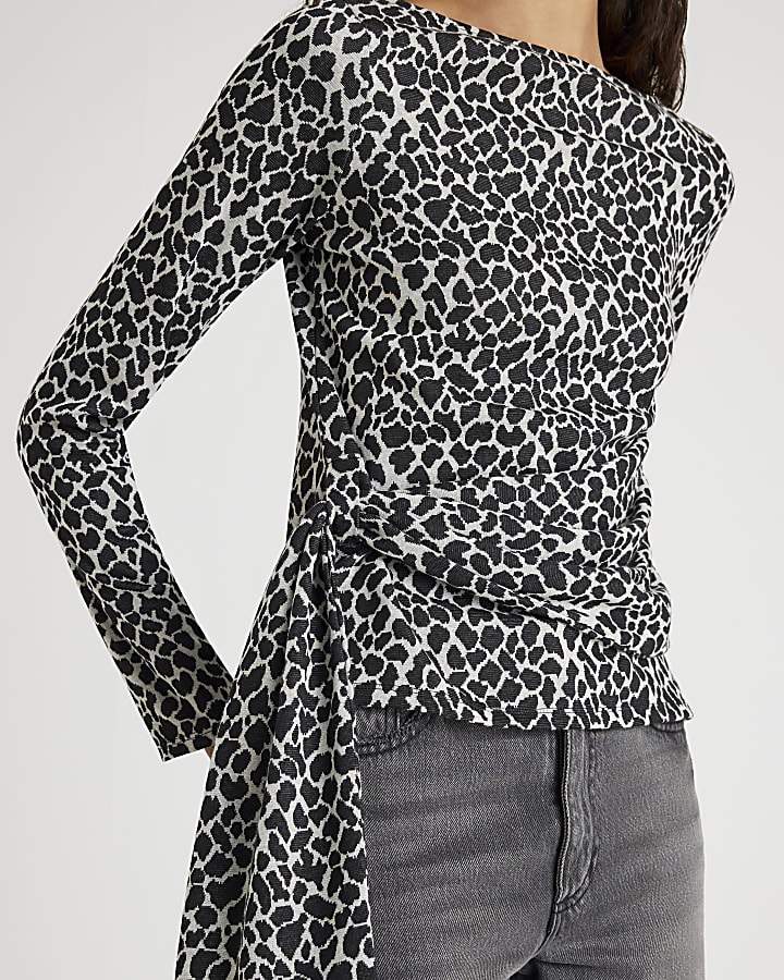 Black Leopard Print Drape Front Top