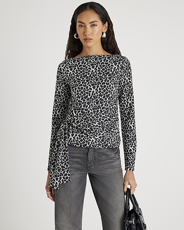 Black Leopard Print Drape Front Top