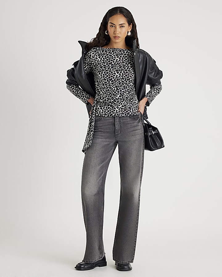 Black Leopard Print Drape Front Top