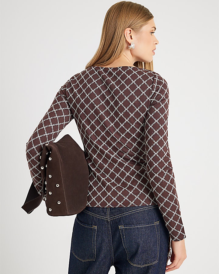 Brown Long Sleeve Geometric Drape Front Top