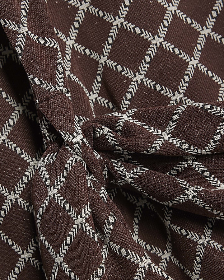 Brown Long Sleeve Geometric Drape Front Top