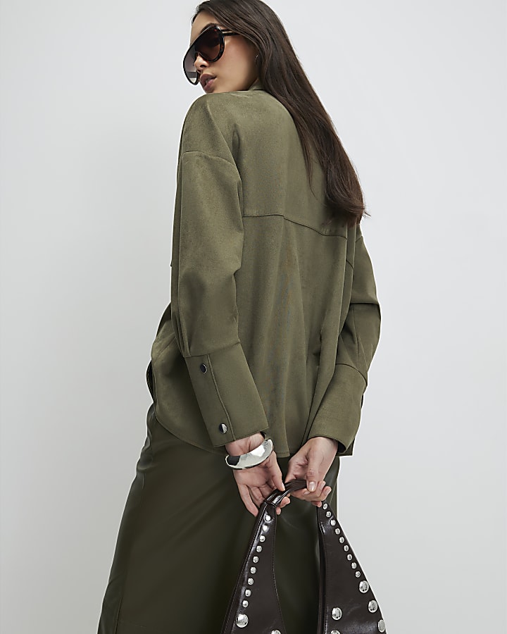 Khaki Oversized Faux Suede Overshirt
