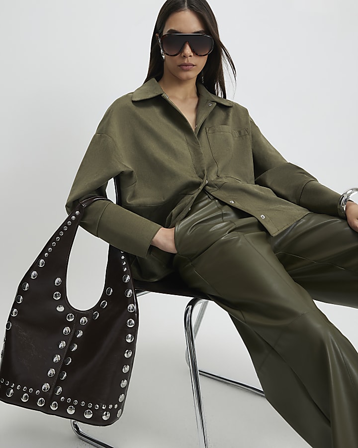 Khaki Oversized Faux Suede Overshirt