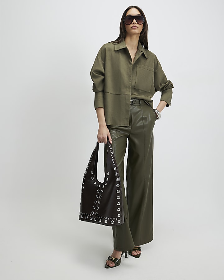 Khaki Oversized Faux Suede Overshirt