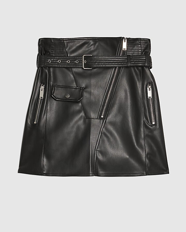 Black Faux Leather Belted Mini Skirt