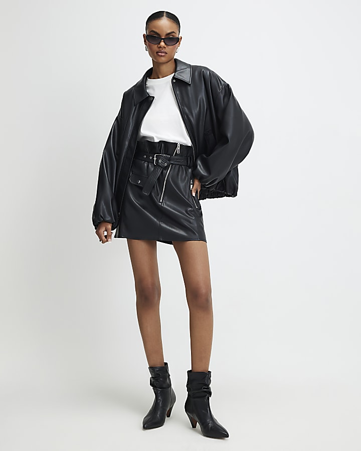 Black Faux Leather Belted Mini Skirt