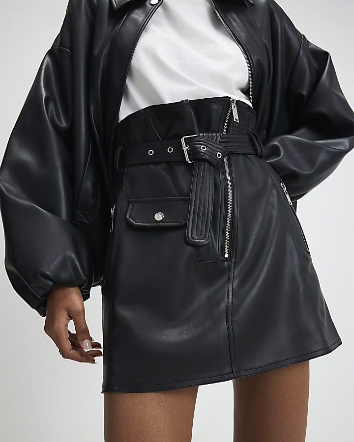 Black Faux Leather Belted Mini Skirt