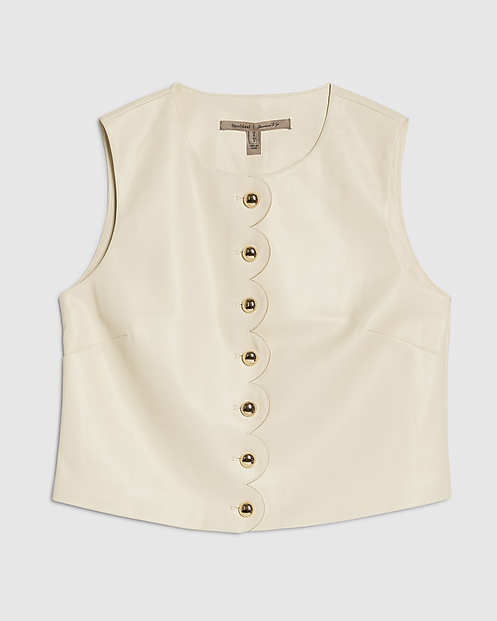 Cream Scallop Front Faux Leather Top