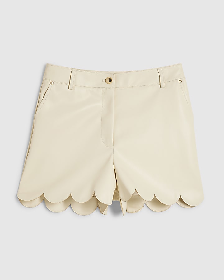 Cream Faux Leather Scallop Trim Shorts