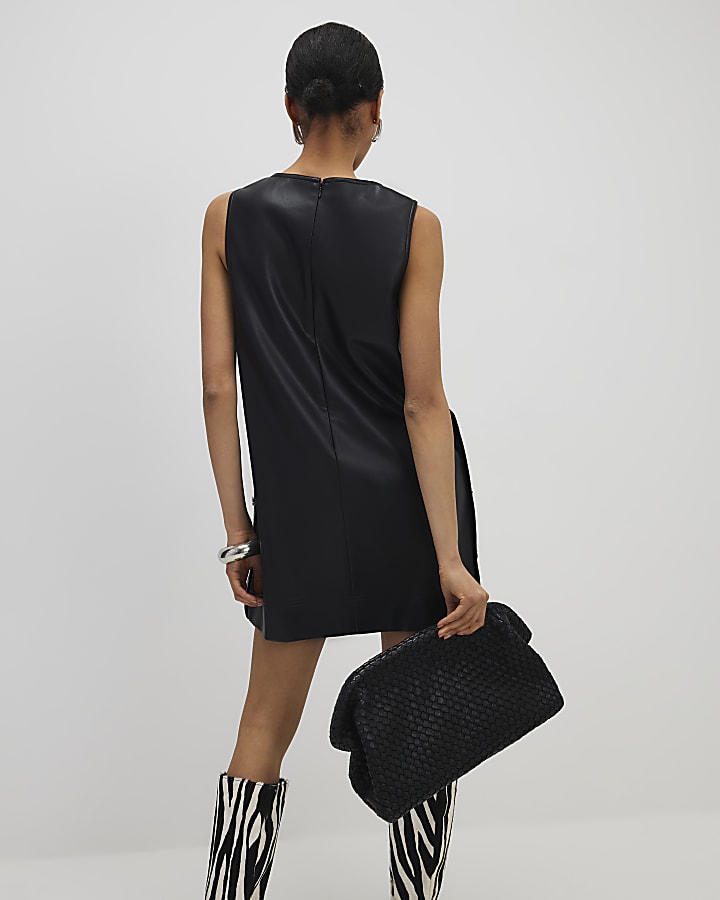 Black Faux Leather Popper Side Shift Dress