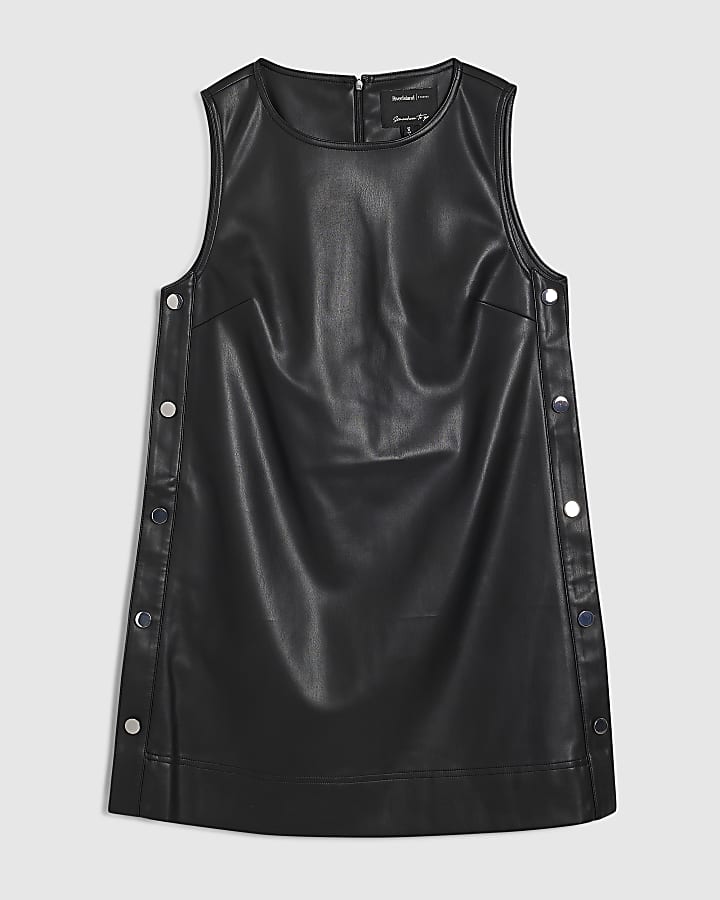 Black Faux Leather Popper Side Shift Dress