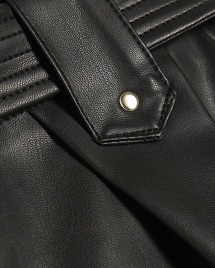 Black Faux Leather Belted Short