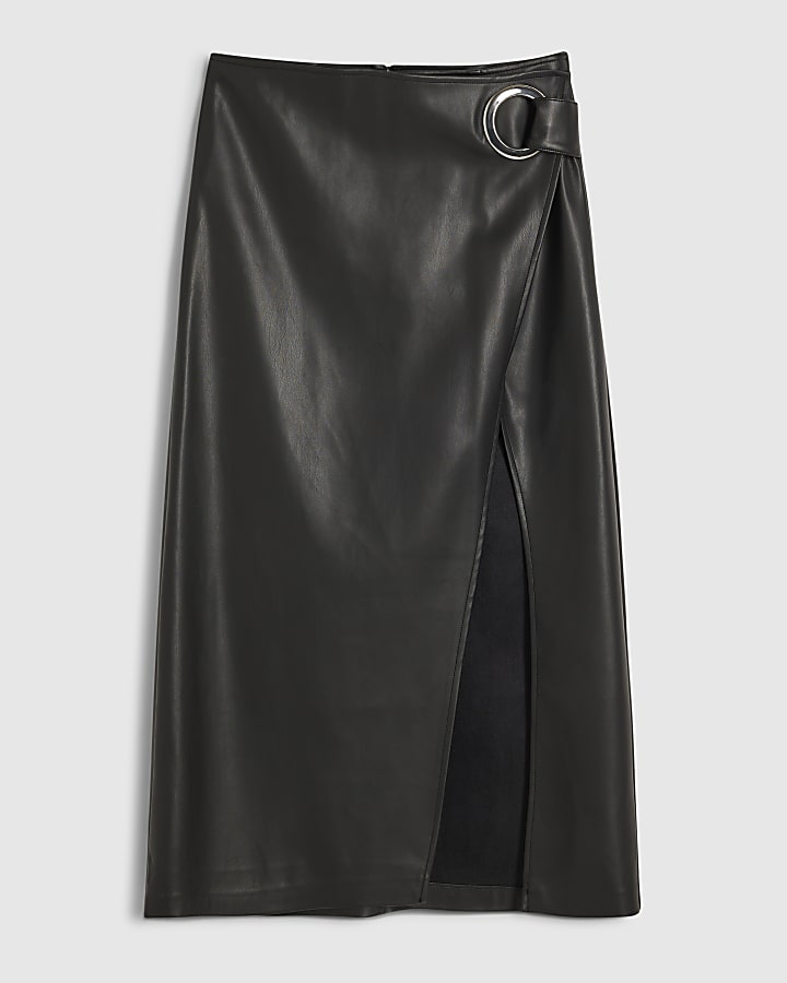 Black Wrap Eyelet Detail Midi Skirt