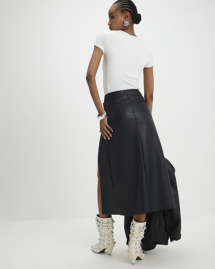 Black Wrap Eyelet Detail Midi Skirt