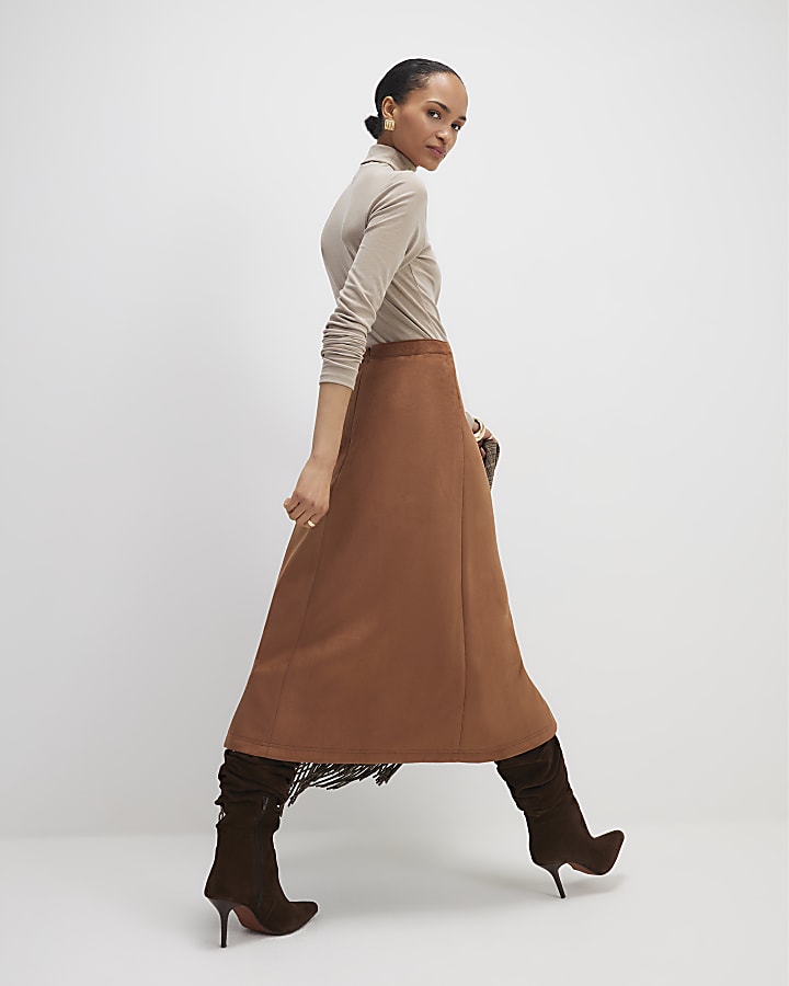 Brown Buckle Detail Wrap Midi Skirt