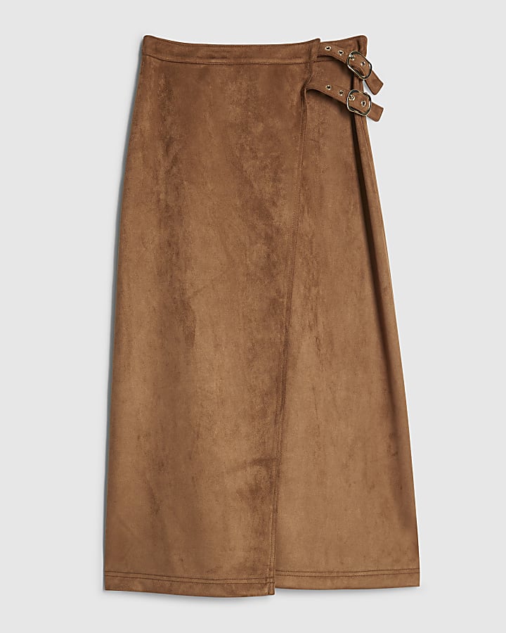 Brown Buckle Detail Wrap Midi Skirt