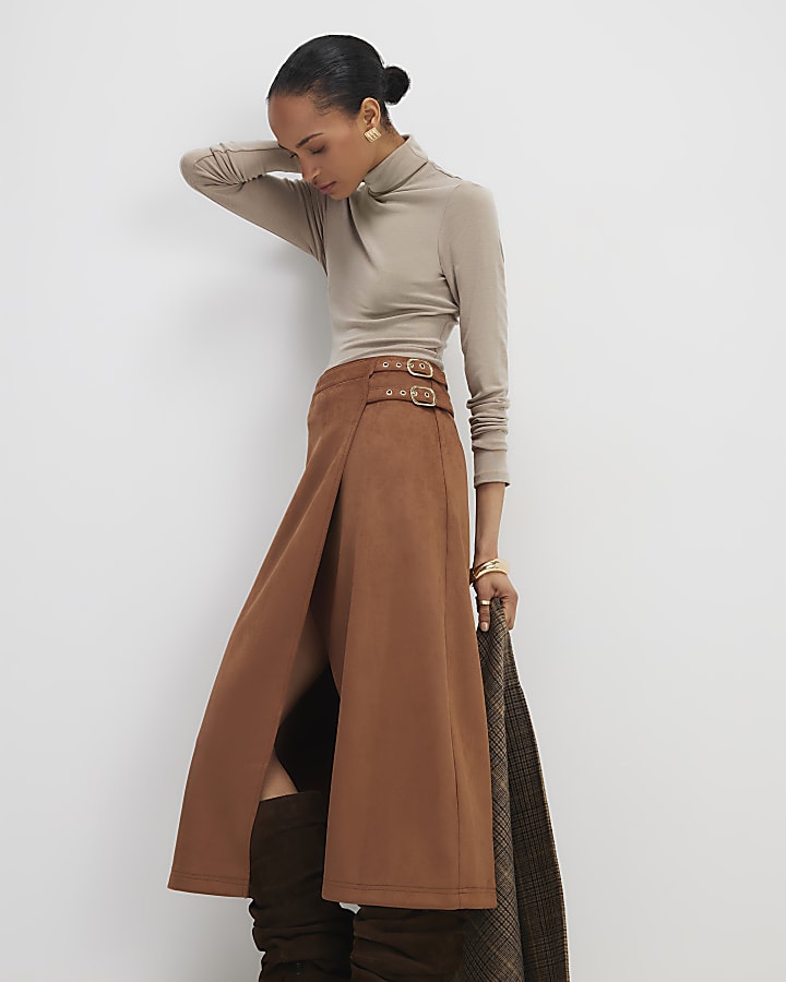 Brown Buckle Detail Wrap Midi Skirt