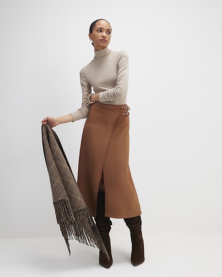 Brown Buckle Detail Wrap Midi Skirt