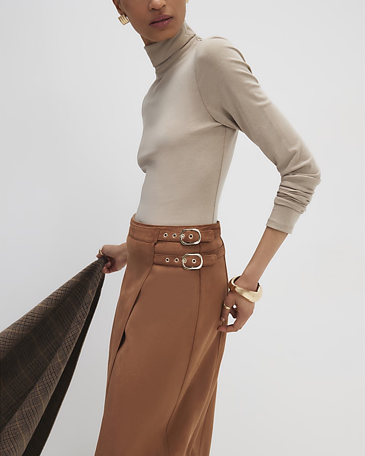 Brown Buckle Detail Wrap Midi Skirt