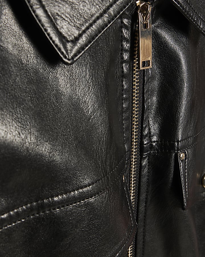 Black Belted Faux Leather Shift Dress