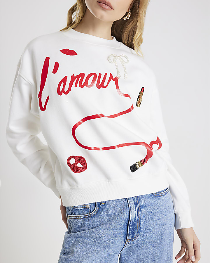 White Long Sleeve L'amour Lipstick Sweatshirt