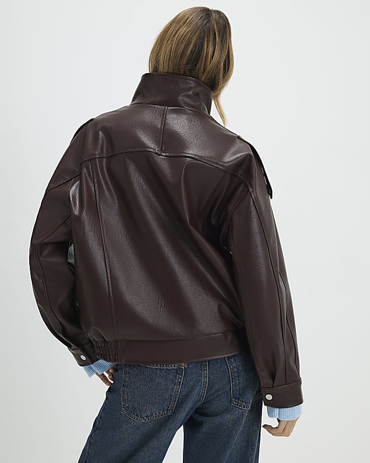 Brown Faux Leather Funnel Neck Jacket