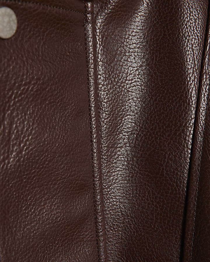 Brown Faux Leather Funnel Neck Jacket