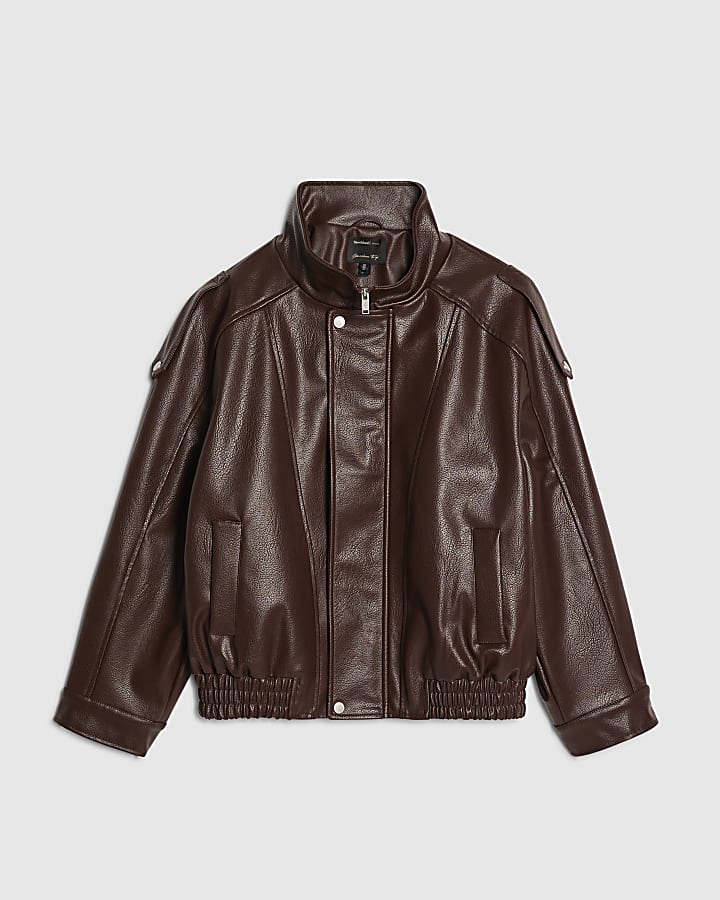 Brown Faux Leather Funnel Neck Jacket