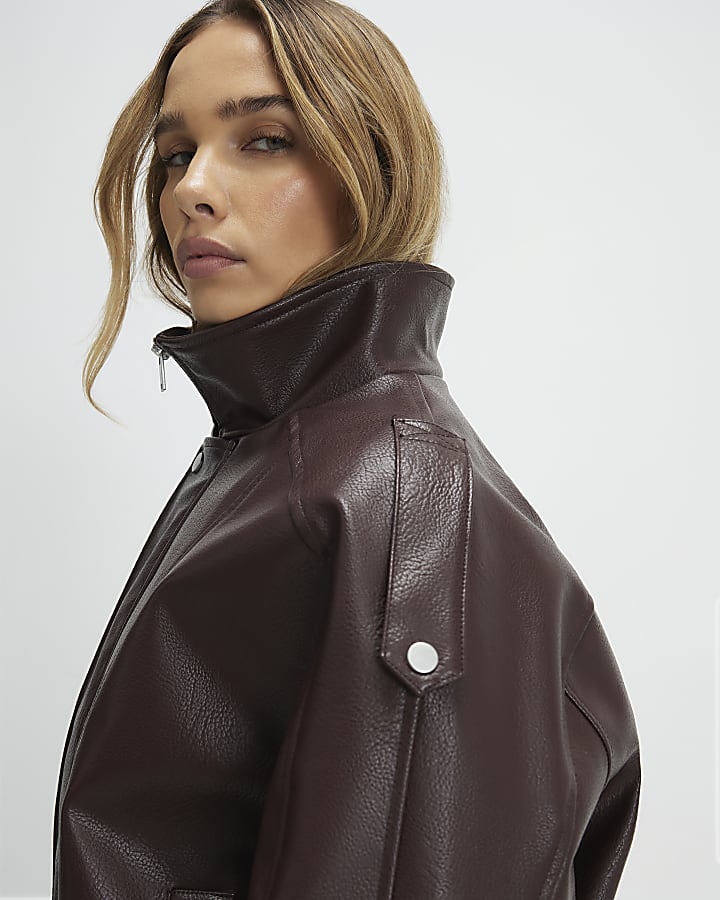 Brown Faux Leather Funnel Neck Jacket