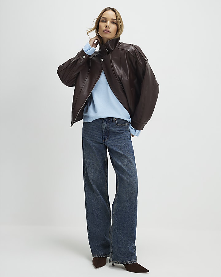 Brown Faux Leather Funnel Neck Jacket