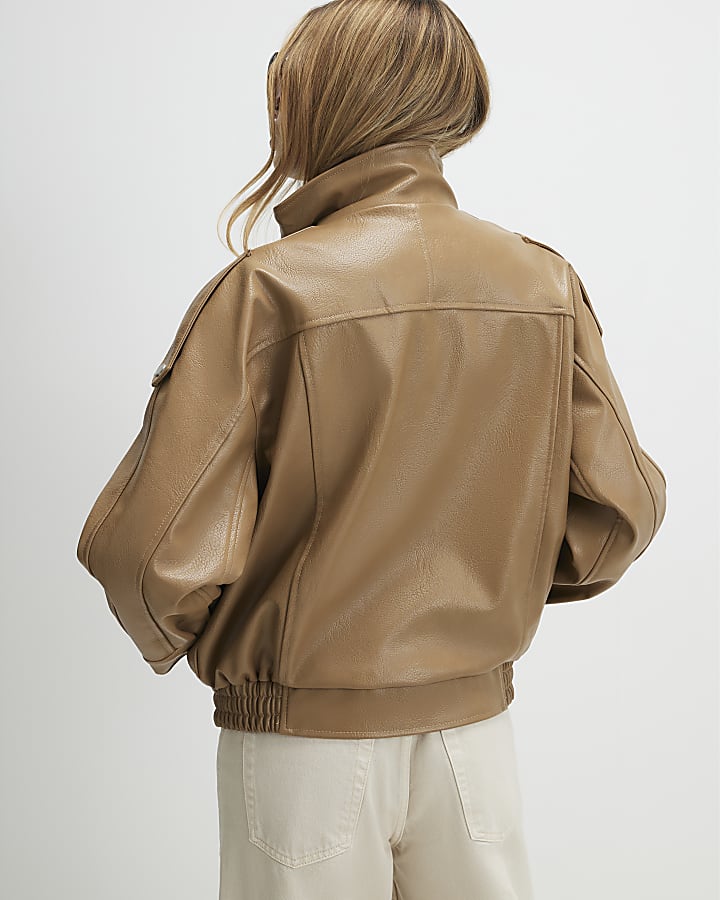 Brown Faux Leather Funnel Neck Jacket