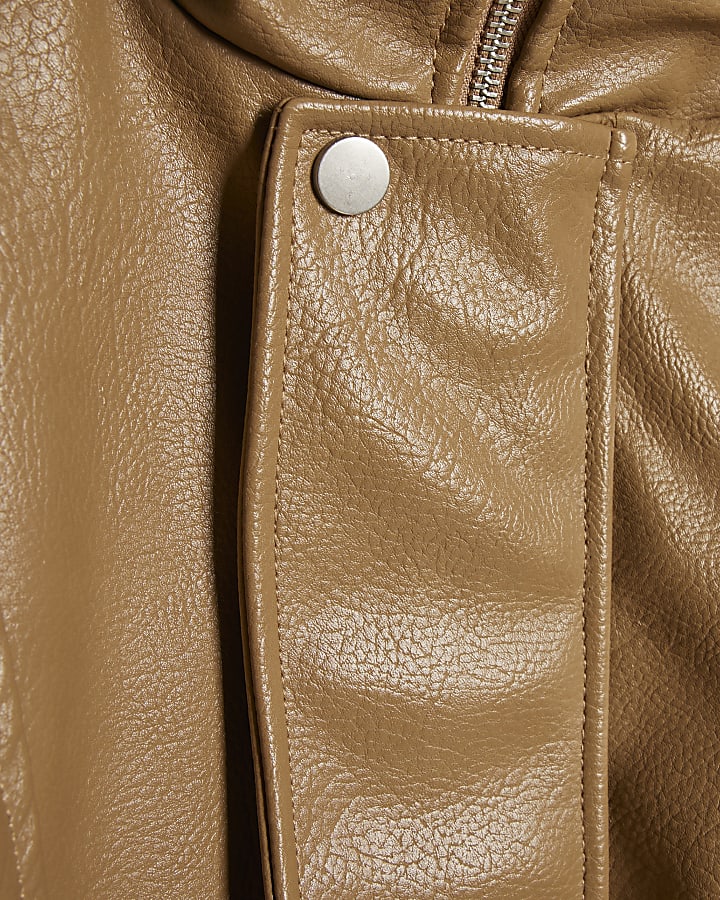 Brown Faux Leather Funnel Neck Jacket