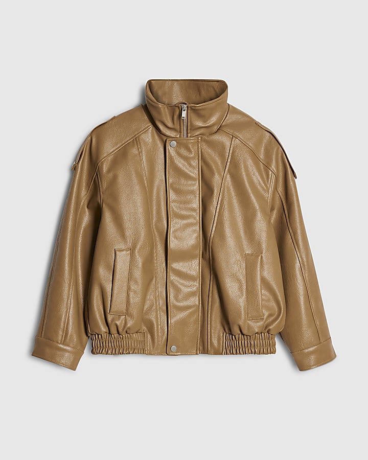 Brown Faux Leather Funnel Neck Jacket