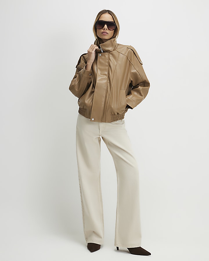 Brown Faux Leather Funnel Neck Jacket