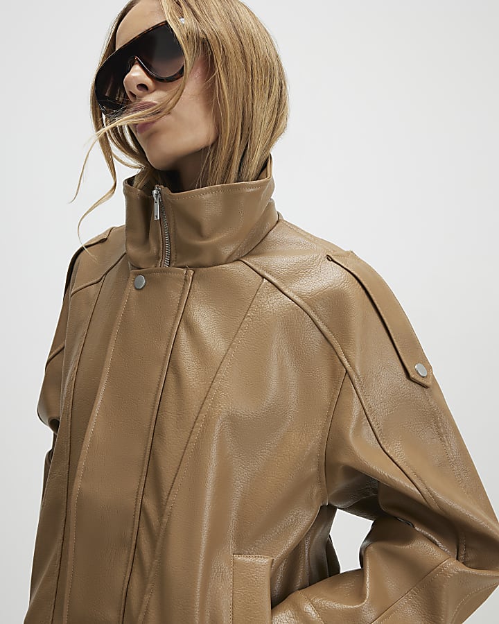 Brown Faux Leather Funnel Neck Jacket