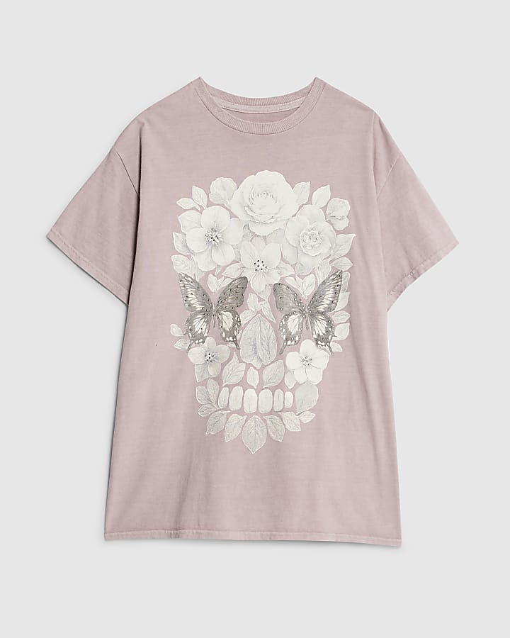 Pink Short Sleeve Diamante Skull T-shirt
