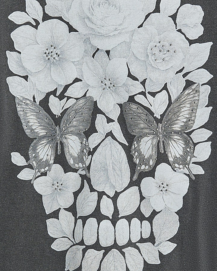 Grey Short Sleeve Diamante Skull T-shirt
