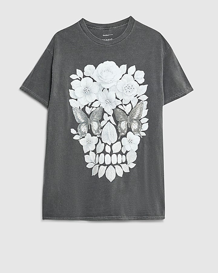Grey Short Sleeve Diamante Skull T-shirt
