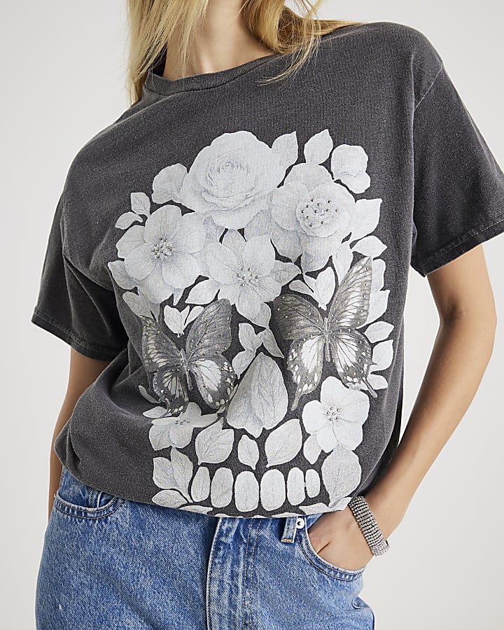 Grey Short Sleeve Diamante Skull T-shirt