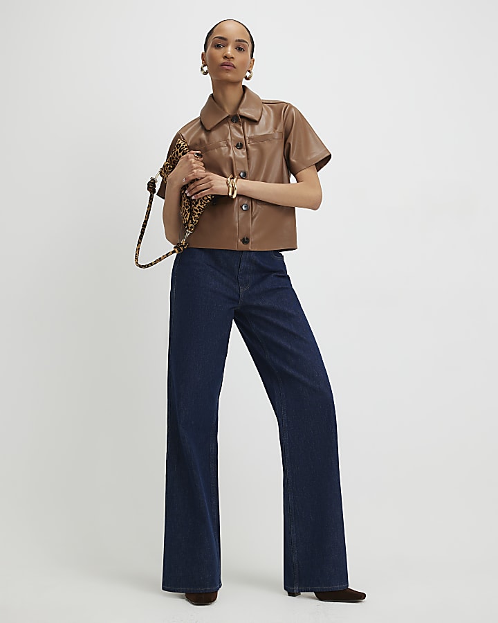 Brown Faux Leather Short Sleeve Pocket Shirt