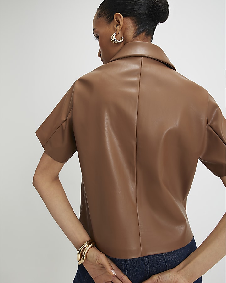 Brown Faux Leather Short Sleeve Pocket Shirt