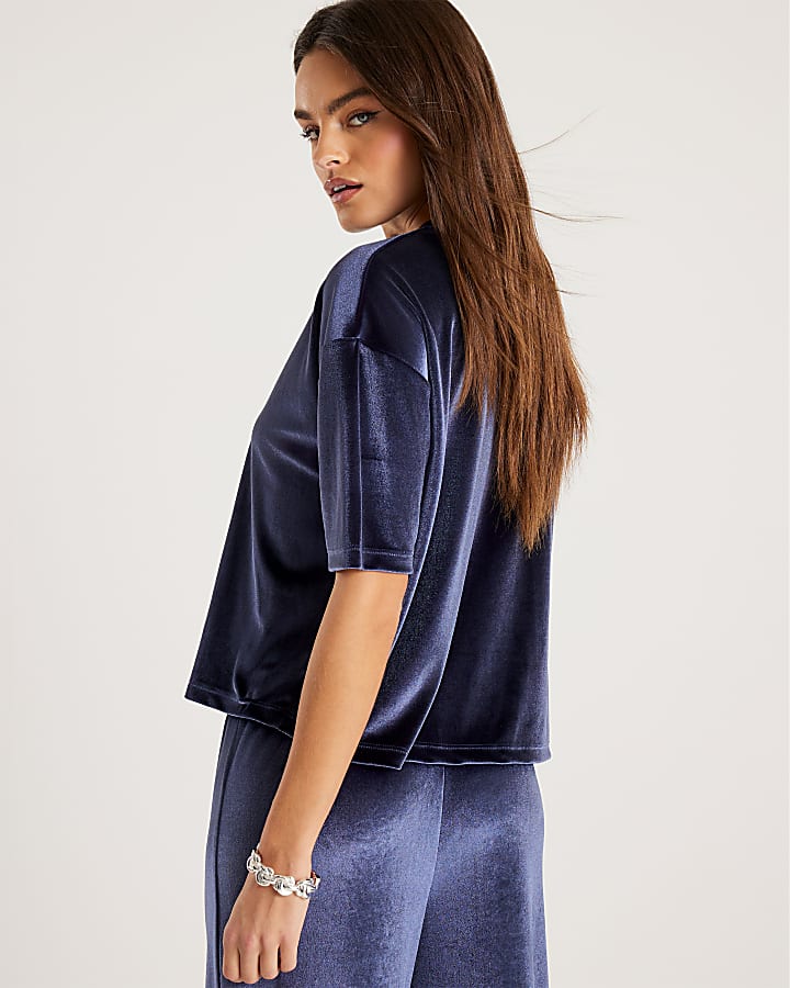 Navy Velvet Short Sleeve Boxy T-shirt